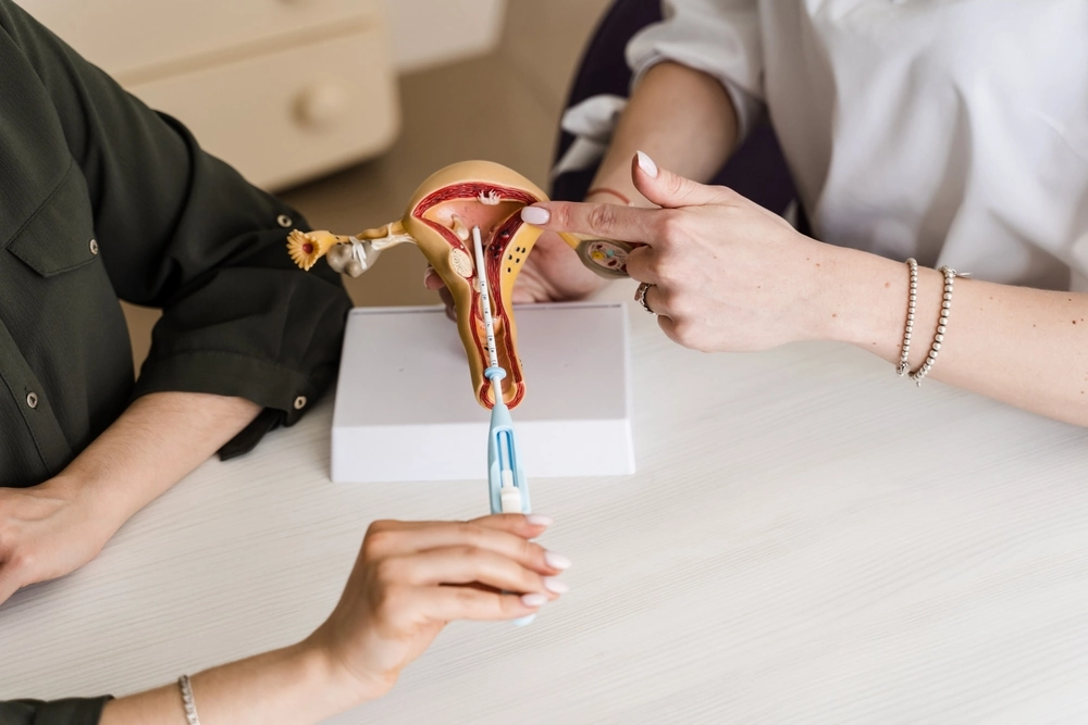 Close-up insert of intrauterine device IUD into your uterus model